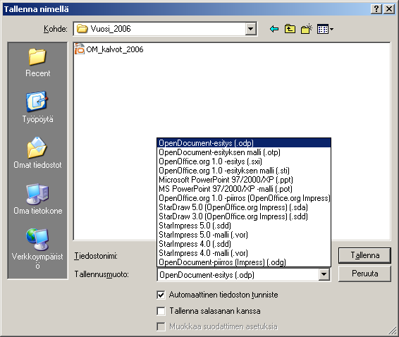 - 52 - Oletustiedostomuodon lisäksi OpenOffice Impress pystyy tallentamaan aiemman version (OpenOffice.org 1.x) tiedostomuotoihin (tiedostotarkenteet *.sxi ja *.