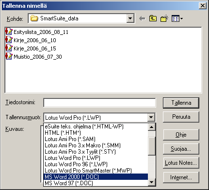 - 54 - LIITE 3. OpenOffice Writerin ja Lotus SmartSuite WordPron yhteentoimivuus OpenOffice Writer ei lue suoraan WordPro-tiedostomuotoa eikä tallenna tiedostoja suoraan WordPro-tiedostomuotoon.