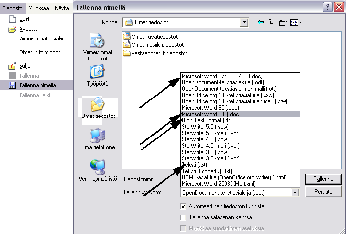 - 55 - Officessa toimenpiteellä Tiedosto -> Avaa. Eri tallennusmuodot on edellä annettu suositusjärjestyksessä suositeltavin muoto (MS Word 2000) ensin.