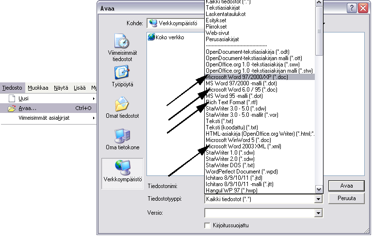 - 57 - Yleisin Word-asiakirjamuoto on Microsoft Word 97/2000/XP, mutta OpenOffice lukee myös sekä uudempia (2003 XML) että vanhempia Word-muotoja (versiot 6 ja 95) ja lisäksi myös RTF-muotoa (Rich