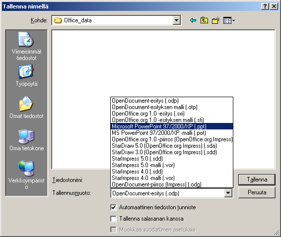- 68 - tysten tiedostotyyppiluettelosta Microsoft PowerPoint 97/2000/XP. Huom: Edellä tarkasteltiin yhteentoimivuutta asiakirja kerrallaan.