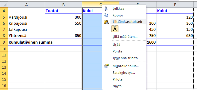 Sarake Yhteen sarakkeeseen (Column) syötetään yhden osatekijän tietoja.