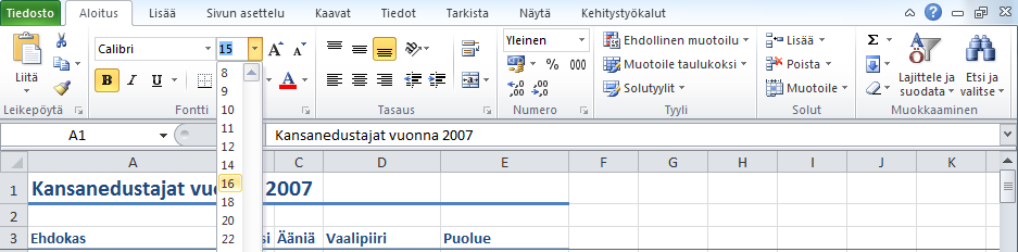 Kirjasinkoko ja -laji Harjoitustiedosto: Vaalitulos-2007.