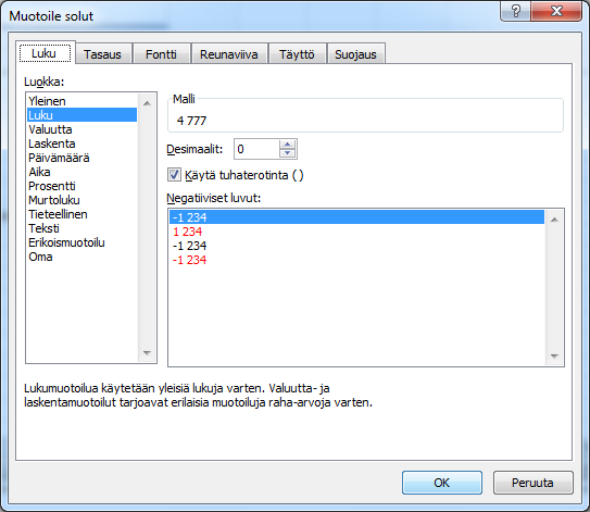 Lukujen esitysmuodon muotoileminen Luku sinun tulee aina kirjoittaa soluun "raakana" eli sellaisenaan, näin voit laskea sillä. Jos haluat luvulle dimension eli laadun (, kpl tms.