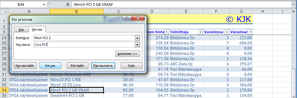 Korvaa (Replace) Etsi ja valitse (Find & Select) -painikkeen alta löytyy Korvaa (Replace) -komento.