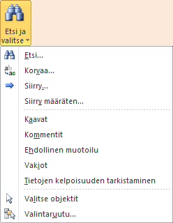 Valinta (Select) Etsi ja valitse (Find & Select) -pudotusvalikosta löydät Valitse objekti (Select Object) -komennon, sen suoritettuasi voit nuolikursorilla valita asiakirjassa kelluvat objektit.