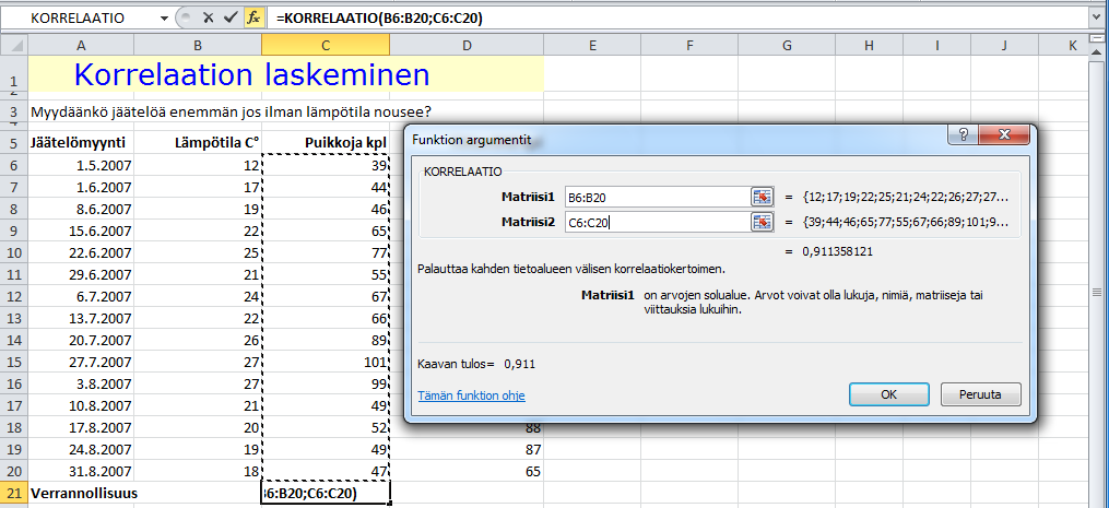 Kuva 84 Kaavan laatiminen Maalaa ensimmäiseksi argumentiksi alue B6:B20 ja paina kerran F4-näppäintä. Maalaa toiseksi alue C6:C20. Jo tässä vaiheessa näet valintaikkunassa laskennan tuloksen.