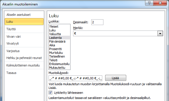 akselia (Format Axis) -komentoa. Desimaalien määrä Kuva 105 Muotoile akselia ( Format Axis) - valintaikkunassa Valintaikkunassa on 9 välilehteä akselin muokkaamiseen.