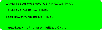 3.4 PIKAOHJAUKSET Valitse valikkosivulta numero 4 (pikaohjaukset) ja ON.