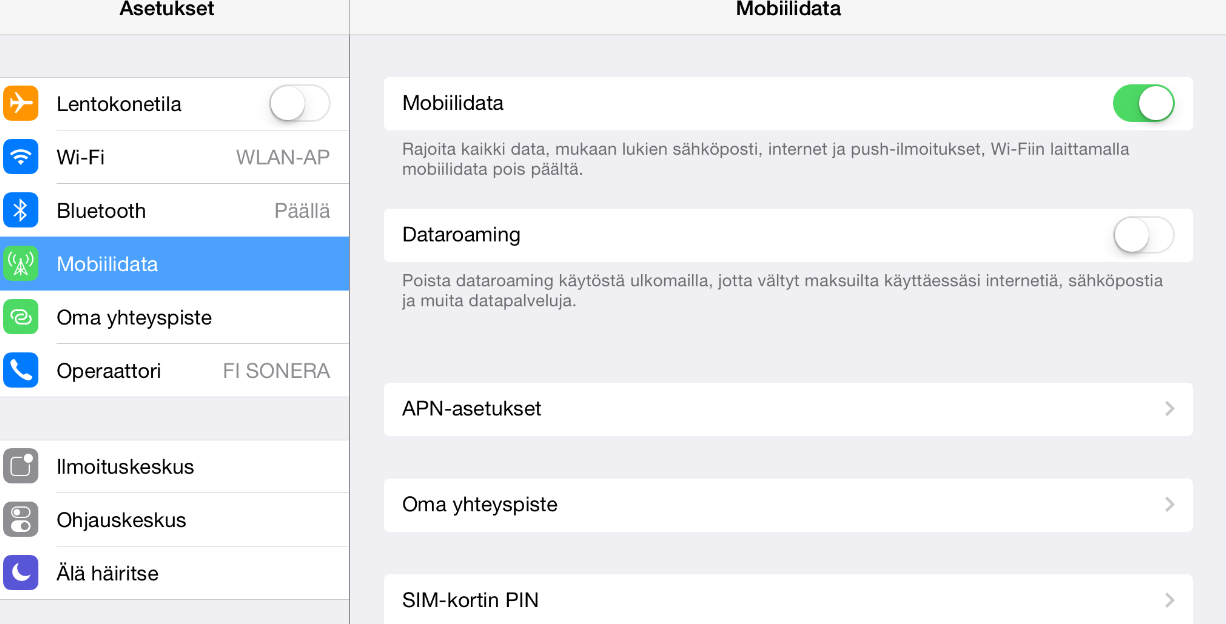 11 1.5.2.4 Äänet Valitse Asetuksista se toiminto, johon sivukytkintä käytät: joko Lukitsemaan näytön suuntaa tai Mykistämään ääntä. Ipad:n sivukytkimellä saat nyt äänen mykistettyä. Testaa toimintoa.