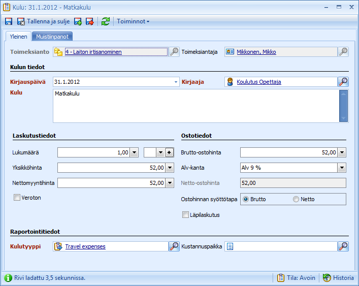 35 (36) Kulu ikkunan tiedot: Kulu ikkunassa on valmiina Toimeksianto ja Toimeksiantaja tiedot. Kirjauspäivä on oletuksena kuluva päivä, mutta sen voi muuttaa.