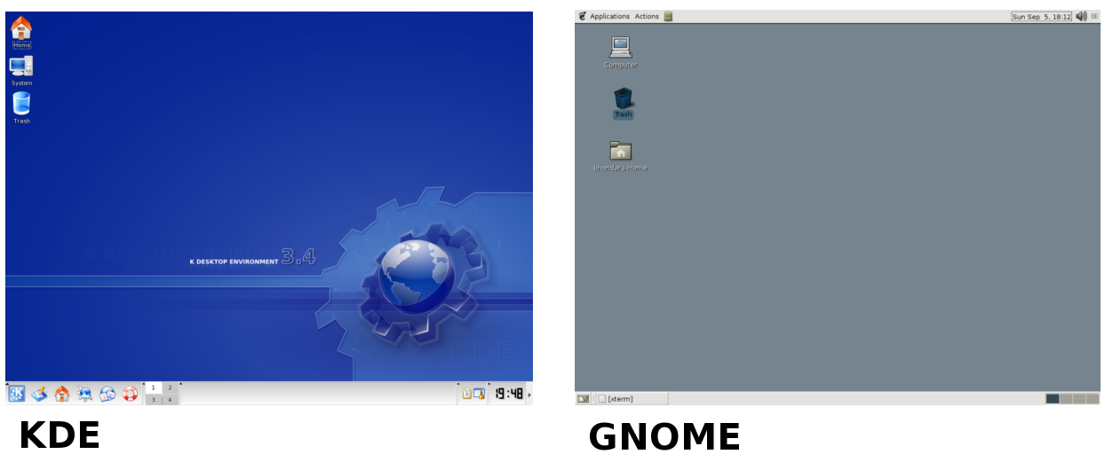 Kuva 3: Työpöytäympäristöjä: KDE ja Gnome la voidaan tehdä samat asiat. Käytännössä sama ohjelma on toteutettu, joka ympäristölle erikseen.