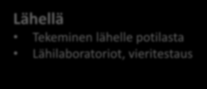 Toimintamalli Suomessa: Hajautettu tekeminen keskitetty osaaminen Tarkka Akkreditoitu toiminta Vieritestausten tulokset keskuslaboratoriotasoisesti Lähellä Tekeminen lähelle potilasta
