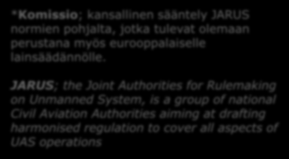 RPAS Remotely Piloted Aircraft Systems Ongelma; lainsäädäntö merkittävästi/haitallisesti jäljessä, teknistä kehitystä kaikilla tasoilla (globaali, Eurooppa, Suomi); - ICAO; UAS/RPAS-ohjelma -