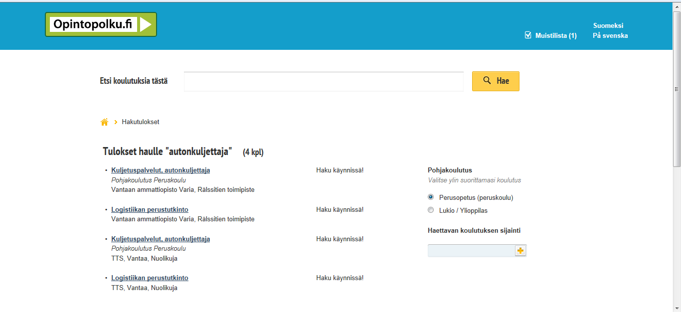 Kun olet tutustunut ohjeisiin, siirry ohjesivun etsi koulutuksia -hakutoimintoon ja etsi sinua kiinnostavia koulutuksia tutkinnon, ammatin tai oppilaitoksen nimellä. Voit rajata hakutuloksia esim.