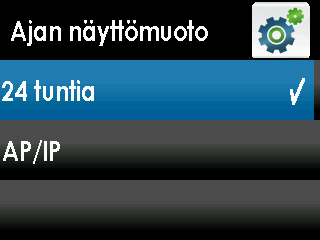 2 2.2.4 VASTAANOTTIMEN AJAN NÄYTTÖMUODON ASETUS Aseta vastaanottimen ajan näyttömuoto (24 tuntia tai ap/ip) seuraavasti. 1.