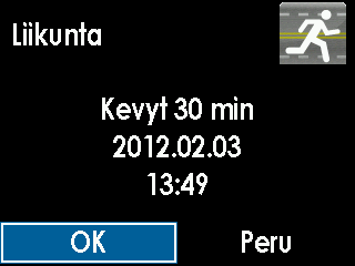 7.1.5 LIIKUNTA Tämän avulla voit syöttää liikunnan rasittavuuden (kevyt, kohtalainen, raskas) ja keston (enintään 360 minuuttia) tietyltä päivältä ja ajalta. 1.