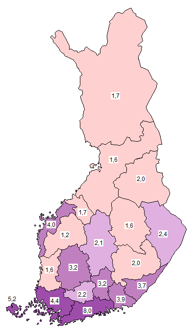 Vieraskielisten osuus (%) maakunnan väestöstä v.