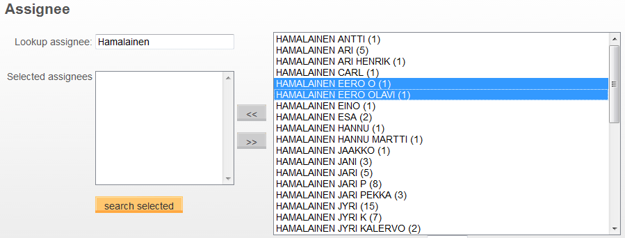 49 Kuva 16. Keksijähaussa suomenkieliset nimet voivat olla hankalia (PatBase 2013) Keksijähaku on hyvin samanlainen kuin haku yrityksen nimellä.