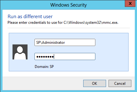 Liite 4 8(12) 5. Valitse avatusta valikosta kohde Run as different user. 6. Windows Security -valintaikkuna ilmestyy. Kirjaudu sisään tunnuksella SP\Administrator (salasana Pa$$w0rd). 7.