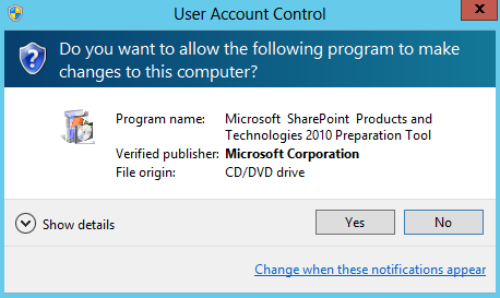 Liite 2 5(28) SharePoint-ohjelmiston esivaatimusten asennus 1. Valitse Install software prerequisites. 2. Hyväksy UAC-varoitus painamalla Yes.