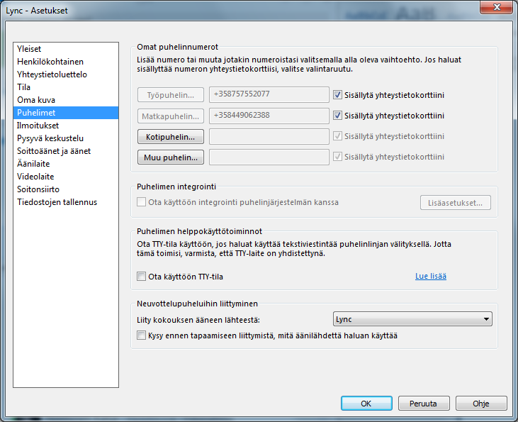 Puhelimet Puhelinnumeroiden lisääminen ja muuttaminen Puhelinnumerot näkyvät yhteystietokortissa. Ne näkyvät Lync-yhteystiedoille yhteyshenkilön tietosuojatason mukaan. 1.