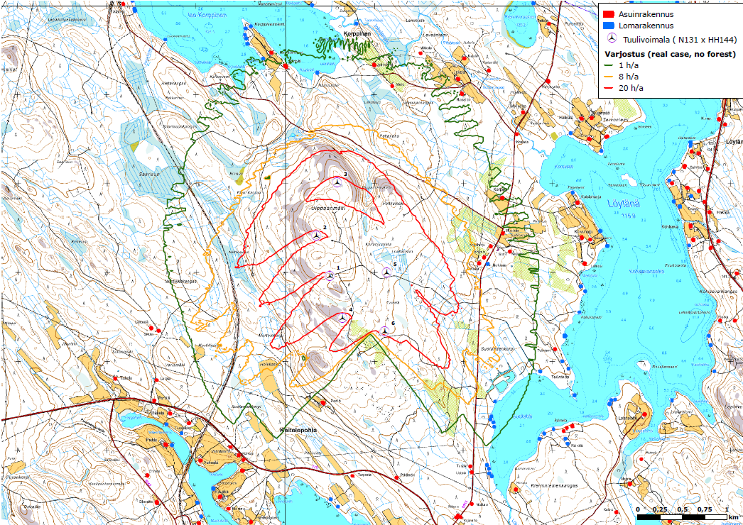 FCG SUUNNITTELU JA TEKNIIKKA OY Kaavaselostus 46 (53) Kuva 21 Varjostusmallinnus (real case no forest), N131 x 6 x hh 145 Laaditun varjostusmallinnuksen (real case -laskenta) mukaan tuulivoimapuisto