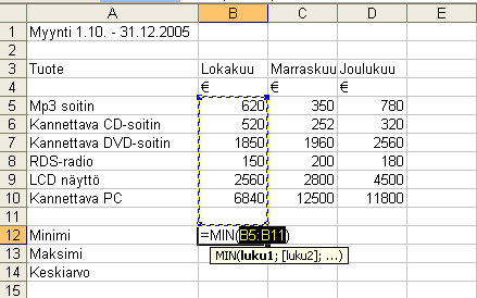 5. Laske minimi soluun B12 6. Napsauta Summa-funktio -painikkeen vieressä olevaa kolmiota. 7. Valitse valikossa olevista funktioista Min. 8.