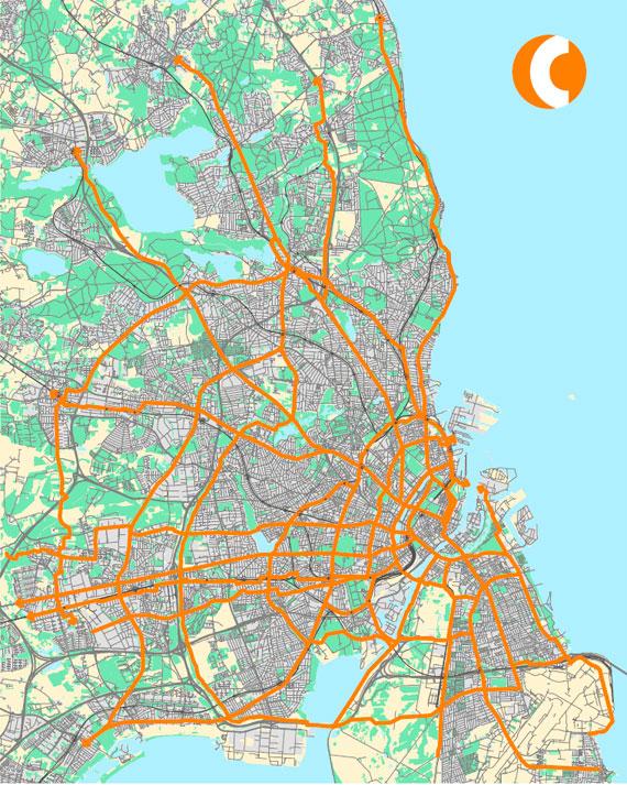 Kööpenhamina 26 nimettyä reittiä 18 säteittäistä, 8 poikittaista Laatukäytäväverkon silmäkoko keskustassa 0,5 km, keskustan ulkopuolella noin 3 km Muu verkko 0,2-1 km