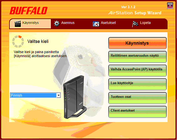 Kuva 10. Näkymä Buffalo NFINITI WHR-G300N2V Langaton reititin paketin mukana tulleen asennus-cd:n päävalikosta.