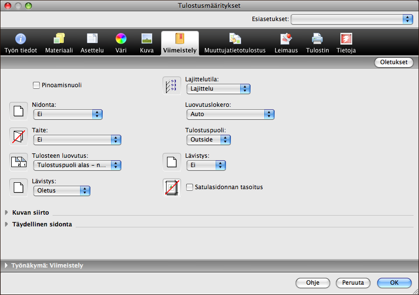 TULOSTAMINEN MAC OS X -KÄYTTÖJÄRJESTELMÄSTÄ 36 22 Valitse muut tulostinkohtaiset asetukset. Nämä tulostusasetukset ovat Fiery E 100 -laitekohtaisia ja tulostinkohtaisia.