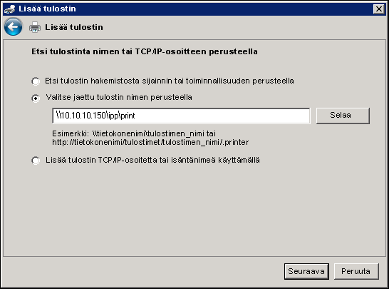 TULOSTAMINEN WINDOWS-KÄYTTÖJÄRJESTELMÄSTÄ 57 Windows Server 2008 / Server 2008 R2 / Windows 7: Napsauta Valitse tulostin nimen perusteella ja näppäile URL-kenttään Fiery E 100 -laitteen IP-osoite tai