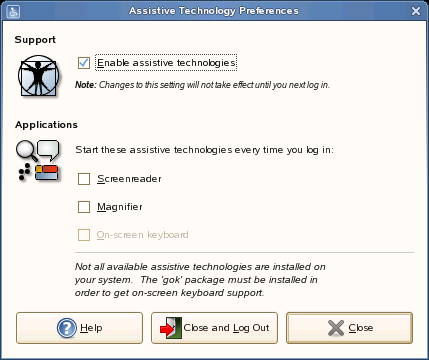 Kuva 2-25 Avustavan tekniikan asetukset -valintaikkuna Näyttönäppäimistön tuki edellyttää gok-pakkauksen asentamista, ja näytönlukija ja suurennuslasi edellyttävät pakkauksia gnopernicus ja gnome-mag.
