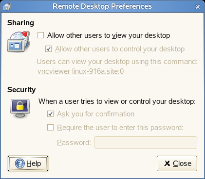 2.4.7 Istunnon jakamisasetusten määrittäminen Etätyöpöydän asetukset -valintaikkunassa voit jakaa GNOME-työpöytäistunnon useiden käyttäjien kesken ja määrittää useita istunnon jakamisasetuksia.