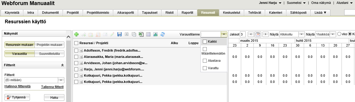 Resurssit Filtteröinti varaustilanteen mukaan Resurssien käytön Varaustila näkymässä on mahdollista filtteröidä