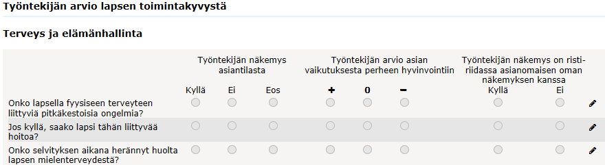 Lapsen toimintakyky -lomake potentiaalinen aktuaalinen Yhteensä 23 kysymystä, kustakin kolme vastaussaraketta Lapsen