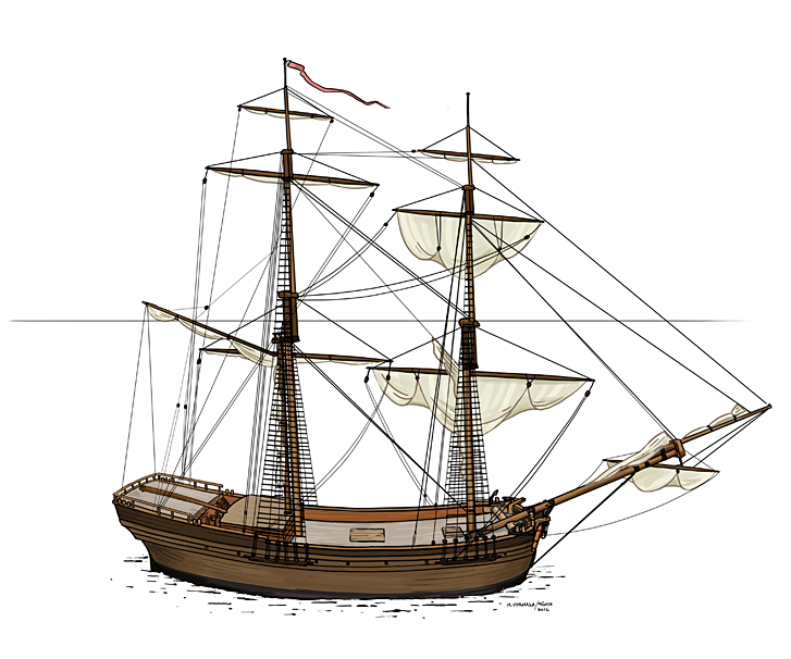 Rekonstruktio Vrouw Mariasta purjehtivana aluksena. Piirros: Mikko Vormala.