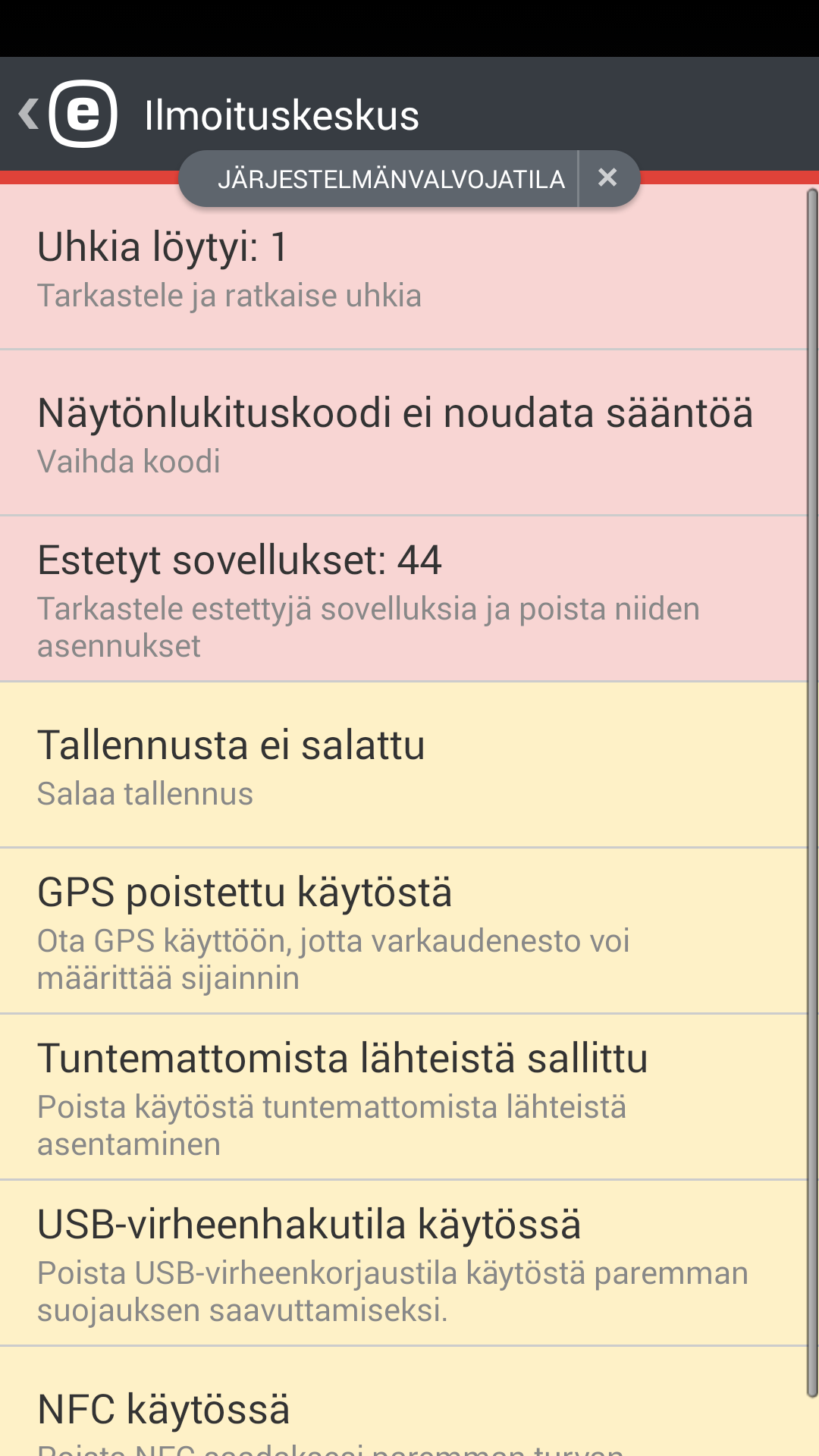 10.2 Laitteen asetusten käytäntö Laiteturvallisuuteen sisältyy myös Laitteen asetusten käytäntö (oli ennen osa tietoturvatarkastustoimintoa), jonka avulla järjestelmänvalvojalla on mahdollisuus