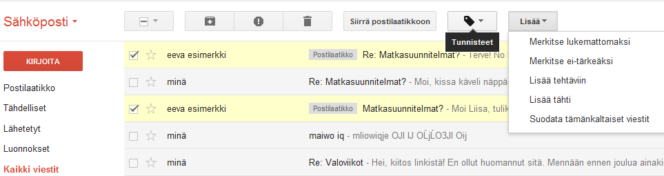 SÄHKÖPOSTIN PERUSKURSSI 8 Tähdet ja tunnisteet Jos säilytät postilaatikossa vanhoja viestejä, voit helpottaa tärkeimpien viestien löytymistä.