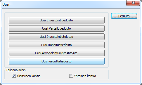 Valuuttatiedosto Valuuttojen muunto laskenta- ja rahoitustiedostojen konsolidoinnin yhteydessä (Invest for Excel in Enterprise -versio). Valuuttatiedostoa käytetään valuuttakursseja käsiteltäessä.