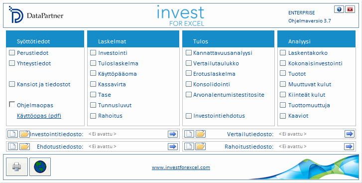 Ulkoasu Invest for Excel 3.7:n ulkoasu on päivitetty vastaamaan tätä päivää, värit ovat vaaleammat ja painikkeet uudistettu. Tuetut Microsoft Excel versiot Invest for Excel 3.