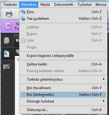 2) ETSI -TOIMINTO TARKENNETULLA HAULLA (Adobe Reader versio 9.3.