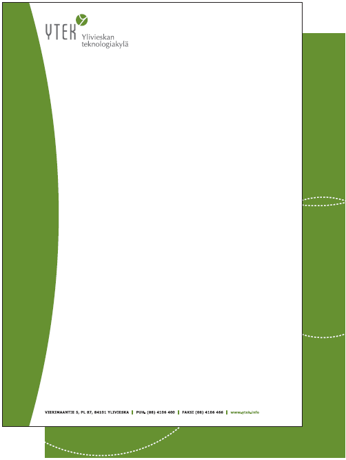 20 alareunasta. Kirjelomakkeen toinen puoli on painatettu vihreällä, jota korostaa pisteviivoitetut ympyrät, samoin kuten käyntikortissakin. KUVIO 7. Ytekin kirjelomake.