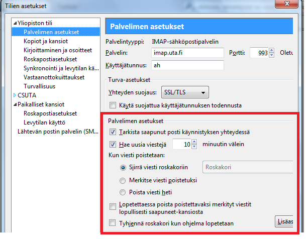 napsauttamalla oikealta Muokkaa tämän tilin asetuksia ja edelleen Palvelimen asetukset (Kuvat 12 ja Kuva 15). Kun poistat viestejä Saapuneet kansiosta, ne eivät häviä kokonaan.