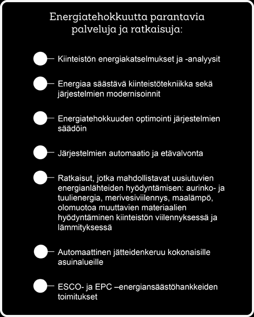 Yritysvastuu / Ympäristö ja energia / Energiansäästöpalvelut 67 Caverionin energiatehokkuuspalvelut Energiatehokkuus on osa Caverionin kaikkia palveluja ja ratkaisuja niin huolto- ja