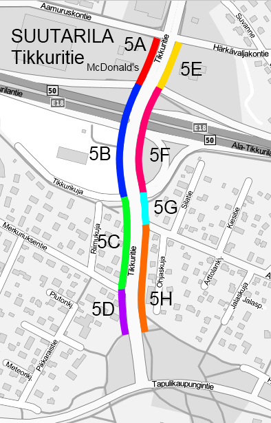 Pituudet: 5A 84 m 5B 202 m 5C 162 m 5D 77 m 5E 82 m 5F 192 m 5G 57 m 5H 189 m Kuva 4.19. Kohde 5: Suutarila. Karttapohja Fonecta (2010). Tikkuritie (kuva 4.