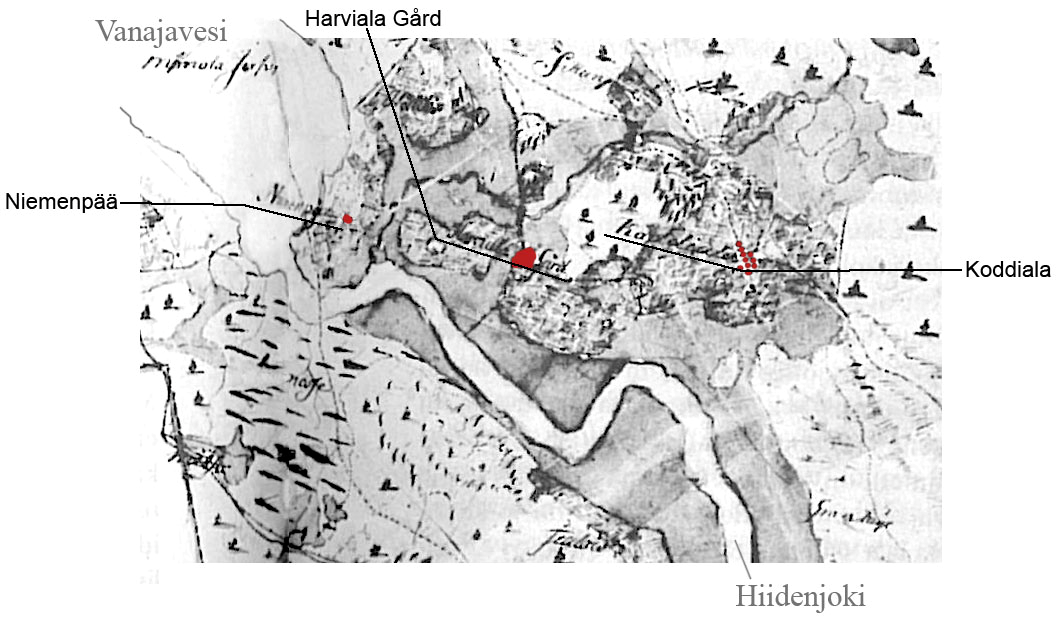 Ote Vanajan pitäjän kartasta 1750-luvulta. Kartassa näkyvät Niemenpään tila, Harvialan kartano nykyisen Alikartanon paikalla ja Kodialan (kartassa Koddiala) kylä.