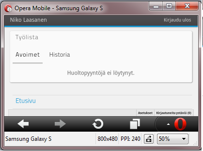 7 PROTOTYYPIN KUVAUS JA ARVIOINTI 51 Kuva 10: Prototyyppi Opera Mobile Emulatorilla Samsung Galaxy Tab 10.1 -tilassa. Kuva 11: Prototyyppi Opera Mobile Emulatorilla Samsung Galaxy S -tilassa.