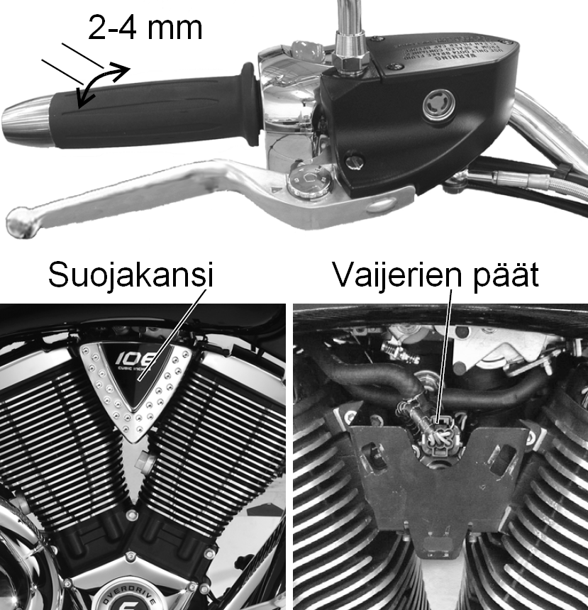 ENNEN AJOA EHÄVÄ ARKASUKSE Jarrut Kaasukahva akajarrupiirin jarrunesteen tarkastus 1. Poista oikean puolen suojakansi satulan alapuolelta. 2. ue moottoripyörä täysin pystysuoraan asentoon. 3.