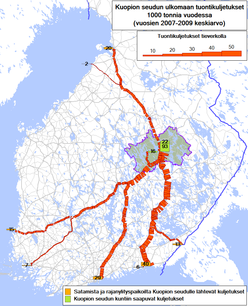 14 Kuopion seudun ulkomaan tuontikuljetukset Tavaralaji Satama tai rajaasema ja kunta Määrä (1000 tonnia) Raahe Oulu Nestemäiset polttoaineet ja voiteluaineet Kulkuvälineet, maatalouskoneet, muut